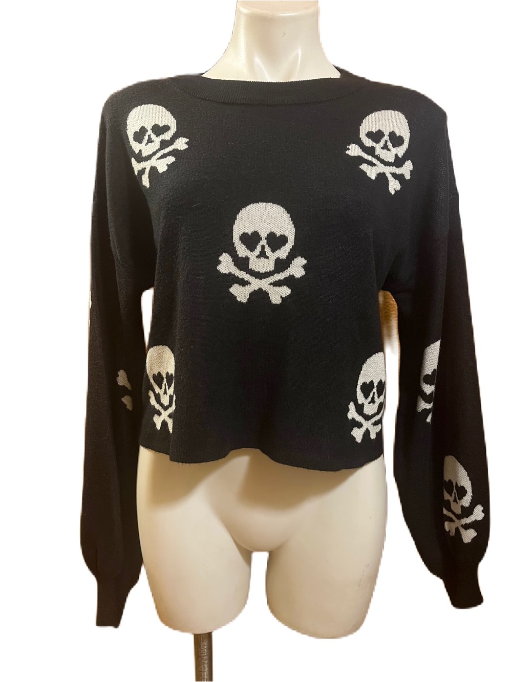 Anthropologie Beach Riot Ava Black Crewneck Sweater with White Skull Pattern
